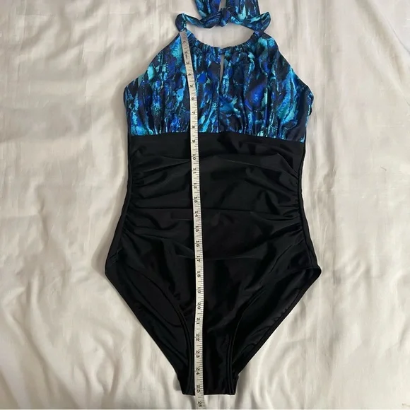 Blue and black halter neck cutout one piece swimsuit - Picture 10 of 12